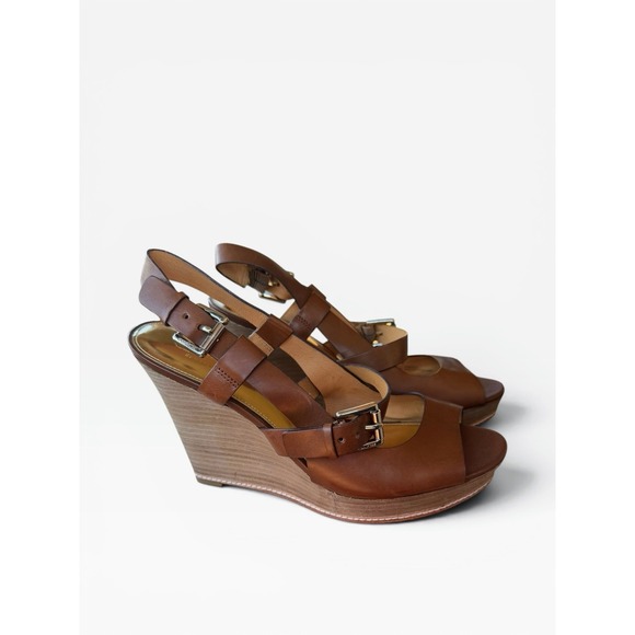 Coach Shoes - Coach Mary Jo Wedge Sandals 9.5B Brown Leather Platform Slingback Heels EEUC